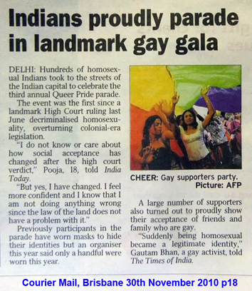 Courier Mail article 30 Nov 2010 Indians prudly parade in landmark gay gala