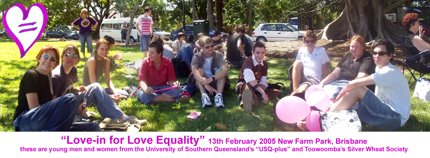 photo of young men and women from USQ-Plus and Silver Wheat Society at the Love-in for Love Equality 13th Feb 2005