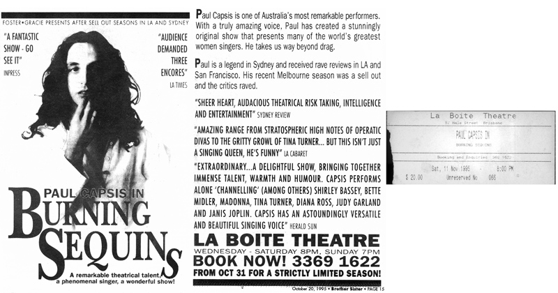 BrotherSister advert for Burning Sequins + ticket for 11 Nov '95 at La Boite