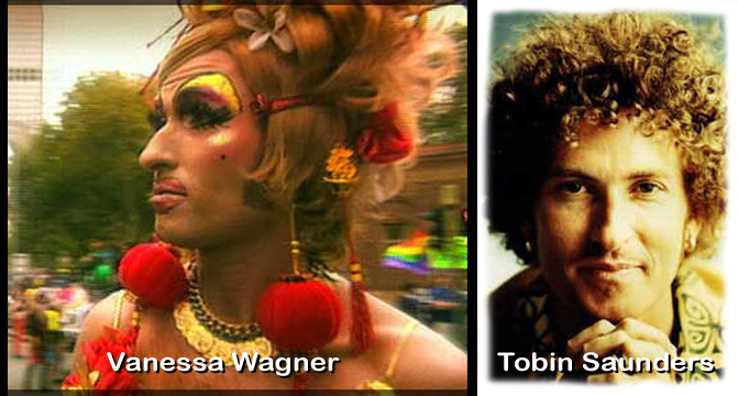 Tobin Saunders at left and as Vanessa Wagner at right